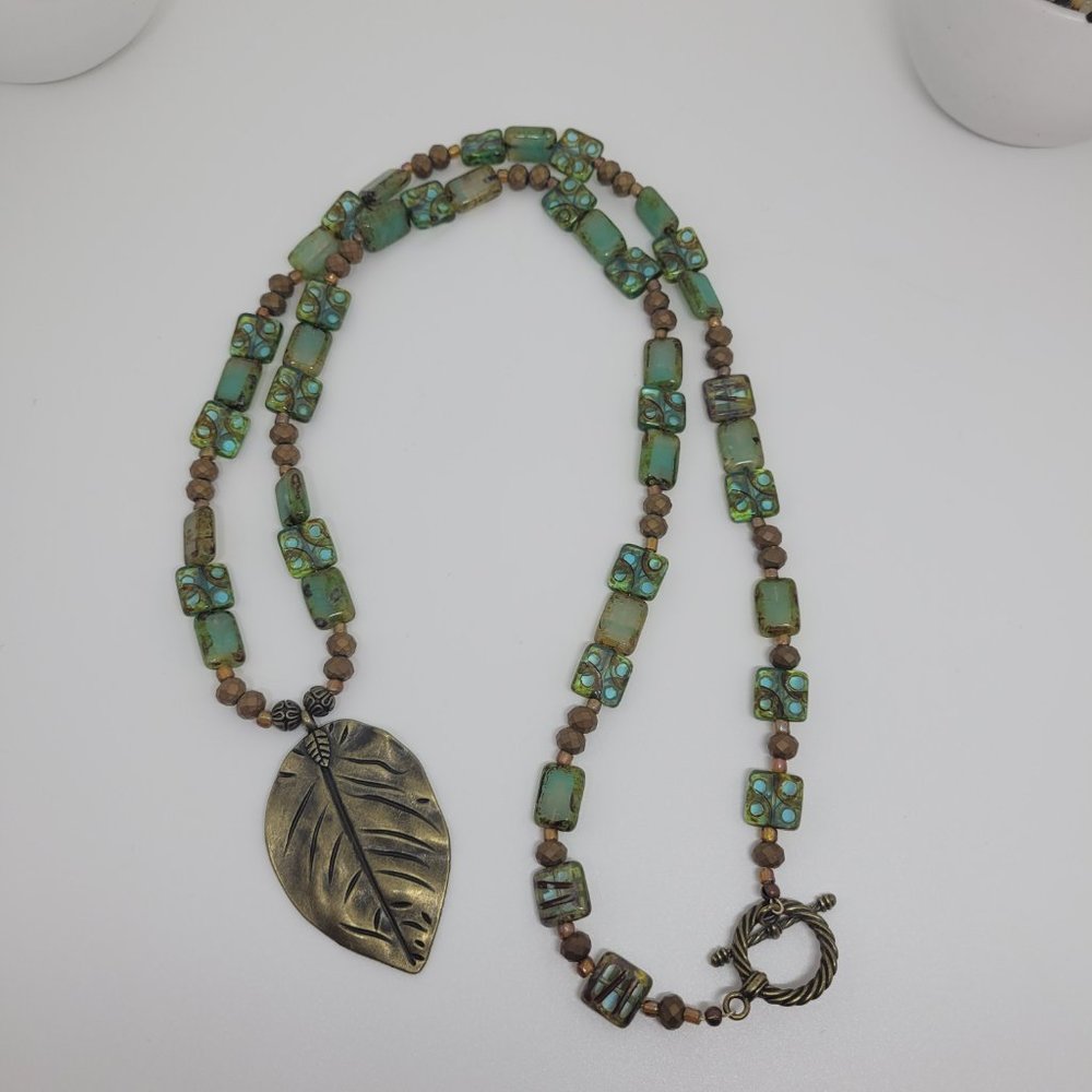 Czech table cut glass Aqua Picasso and Sea Green Swirl Picasso beaded necklace
